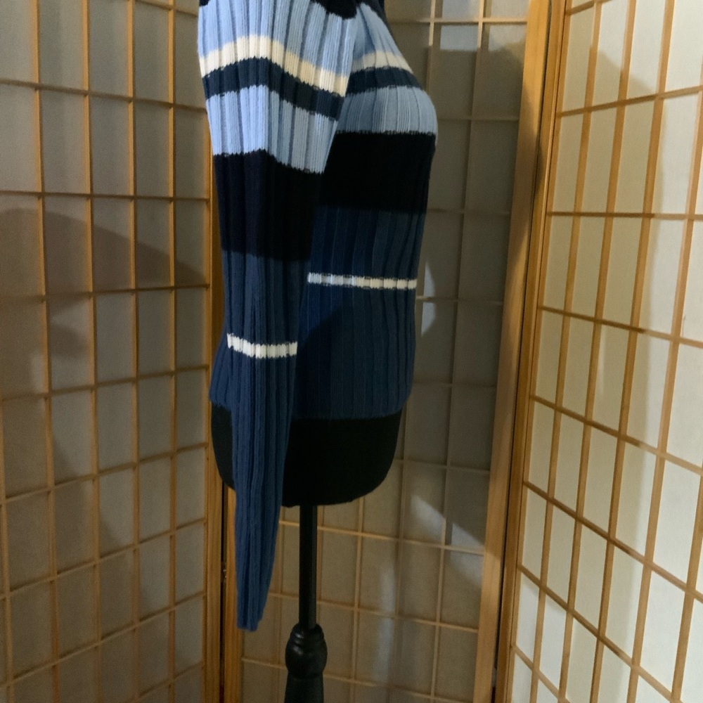 Elegant Navy and Light Blue Striped V-Neck Sweater - Picture 3 of 7
